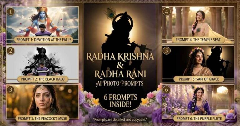 Radha Krishna & Radha Rani AI photo Prompt collage featured image showing 6 different prompt styles with title text.