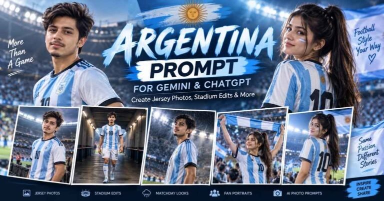 Argentina Prompt featured image showing boys and girls in blue-and-white football jerseys with stadium edits for Gemini and ChatGPT.