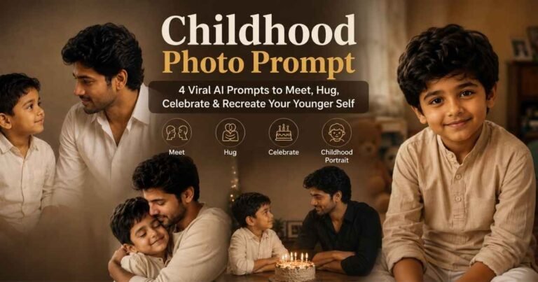 Childhood Photo Prompt featuring an adult meeting, hugging, and celebrating with his younger self using AI