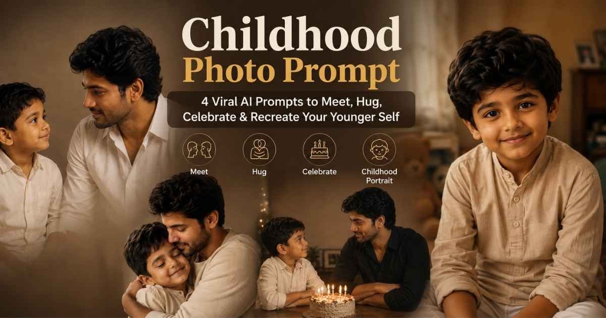 Childhood Photo Prompt featuring an adult meeting, hugging, and celebrating with his younger self using AI