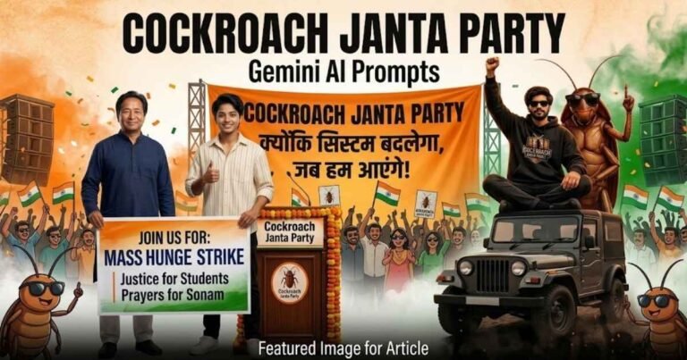 Cockroach Janta Party Gemini AI Prompts featuring political satire posters, rally scenes and AI-generated characte