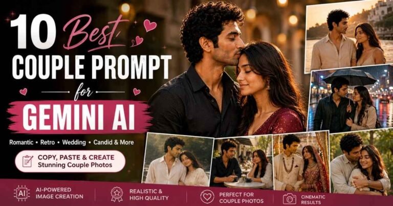 Couple Prompt for Gemini AI featuring romantic, retro, wedding and cinematic Indian couple photo ideas