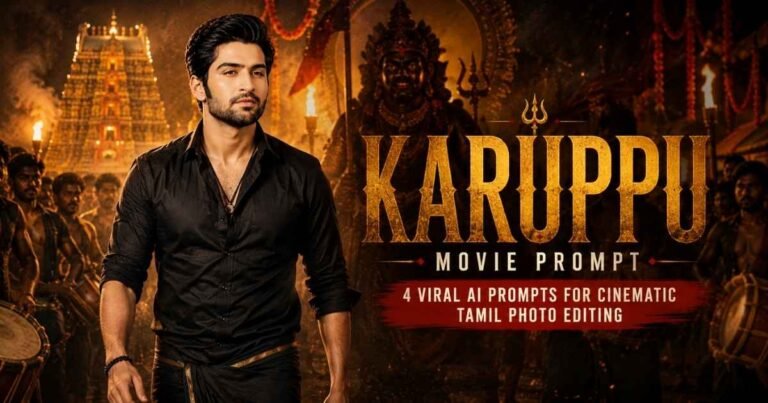 Karuppu Movie Prompt for cinematic Tamil AI photo editing with mass hero and temple festival style