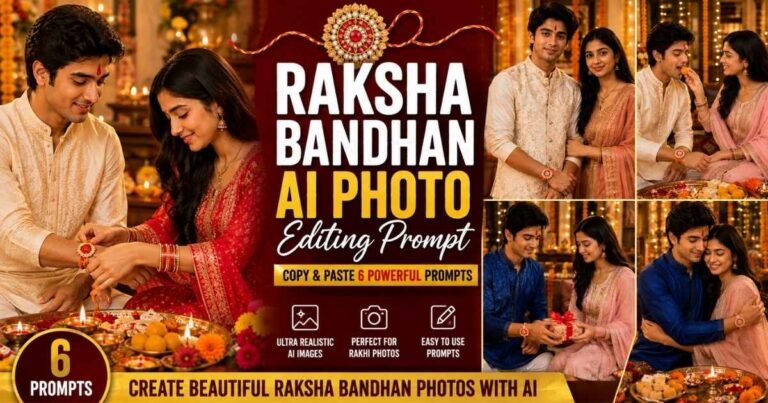 Raksha Bandhan AI Photo Editing Prompt featuring brother and sister tying Rakhi, sharing sweets, gifts and festive moments