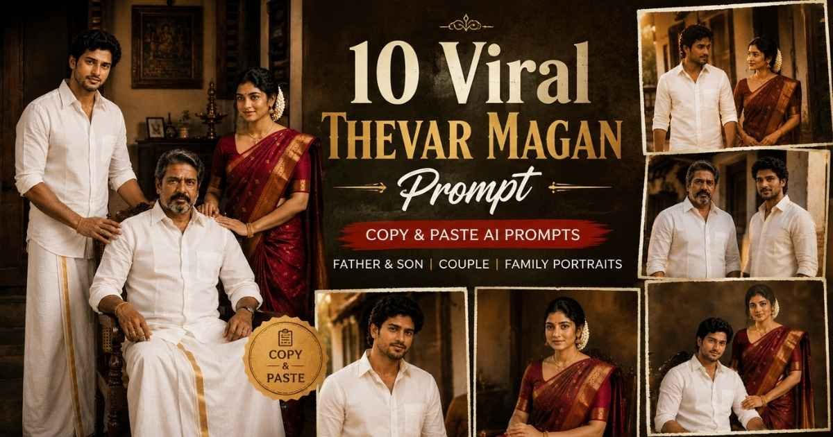 Thevar Magan Prompt featuring father-son, couple and traditional South Indian family AI portraits