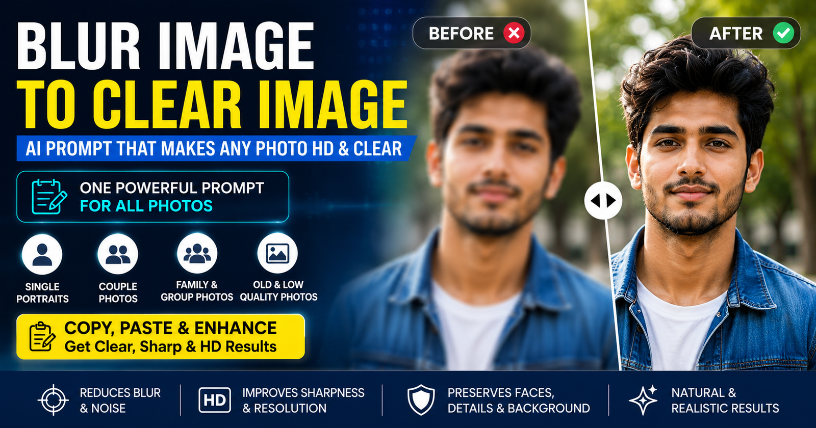 Blur image to clear image prompt for making blurry photos clear, sharp and HD with AI