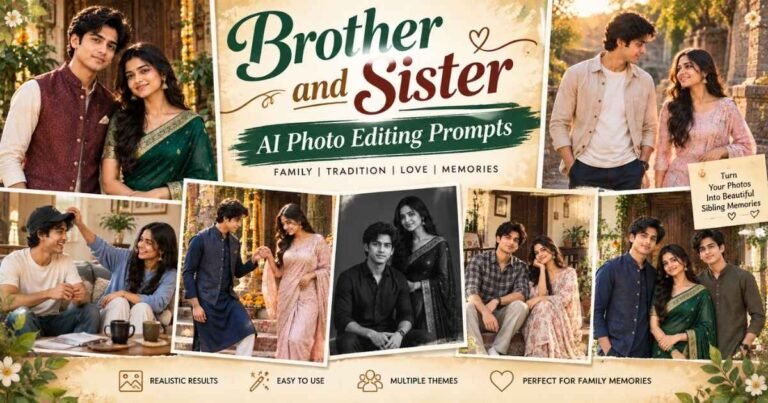 : Brother and sister prompt featured image showing traditional, candid, black-and-white, and multi-sibling AI photo ideas.
