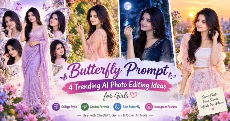 Butterfly prompt showing a girl in a pastel outfit with butterflies on a rooftop during golden-hour sunset.