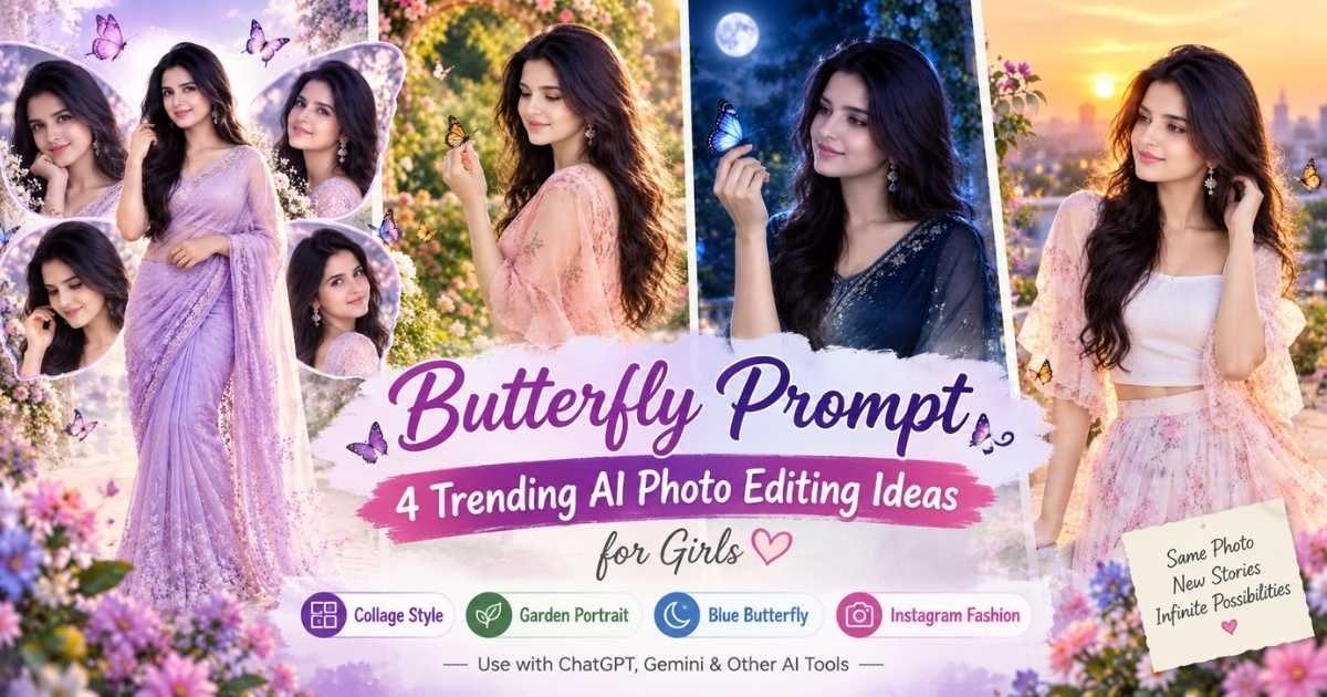 Butterfly prompt showing a girl in a pastel outfit with butterflies on a rooftop during golden-hour sunset.
