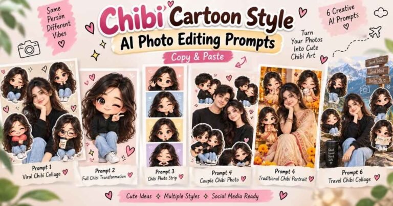 Chibi Cartoon Style AI Photo Editing Prompts featuring viral chibi collage, couple, traditional and travel photo styles