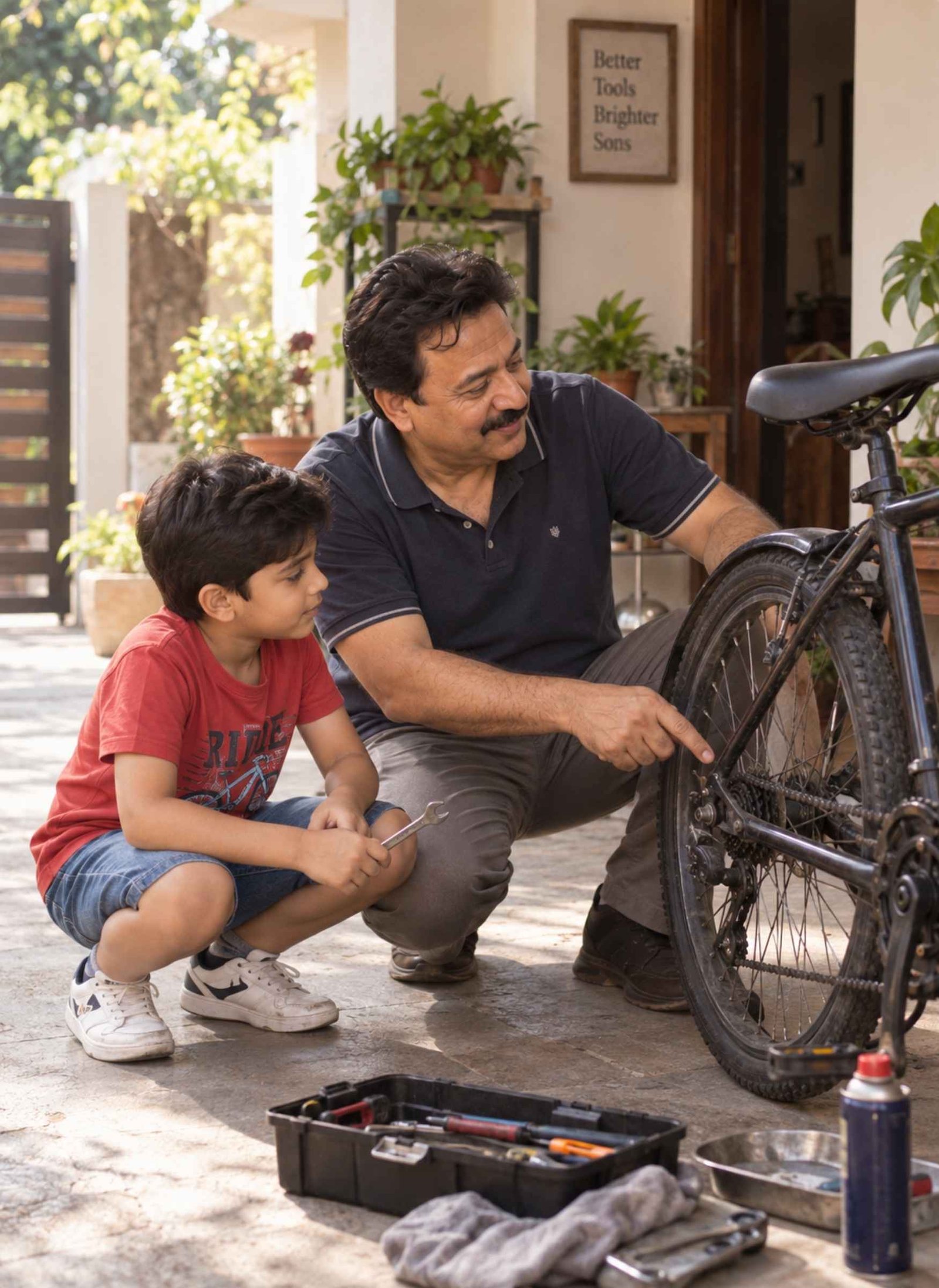 Father Teaching His Young Son to Repair a Bicycle