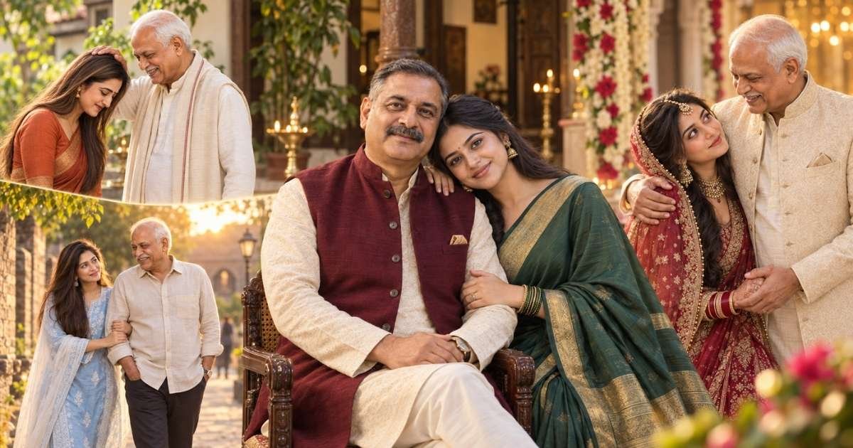 Father and daughter prompt for Gemini showing a traditional Indian father seated beside his adult daughter in a green saree.