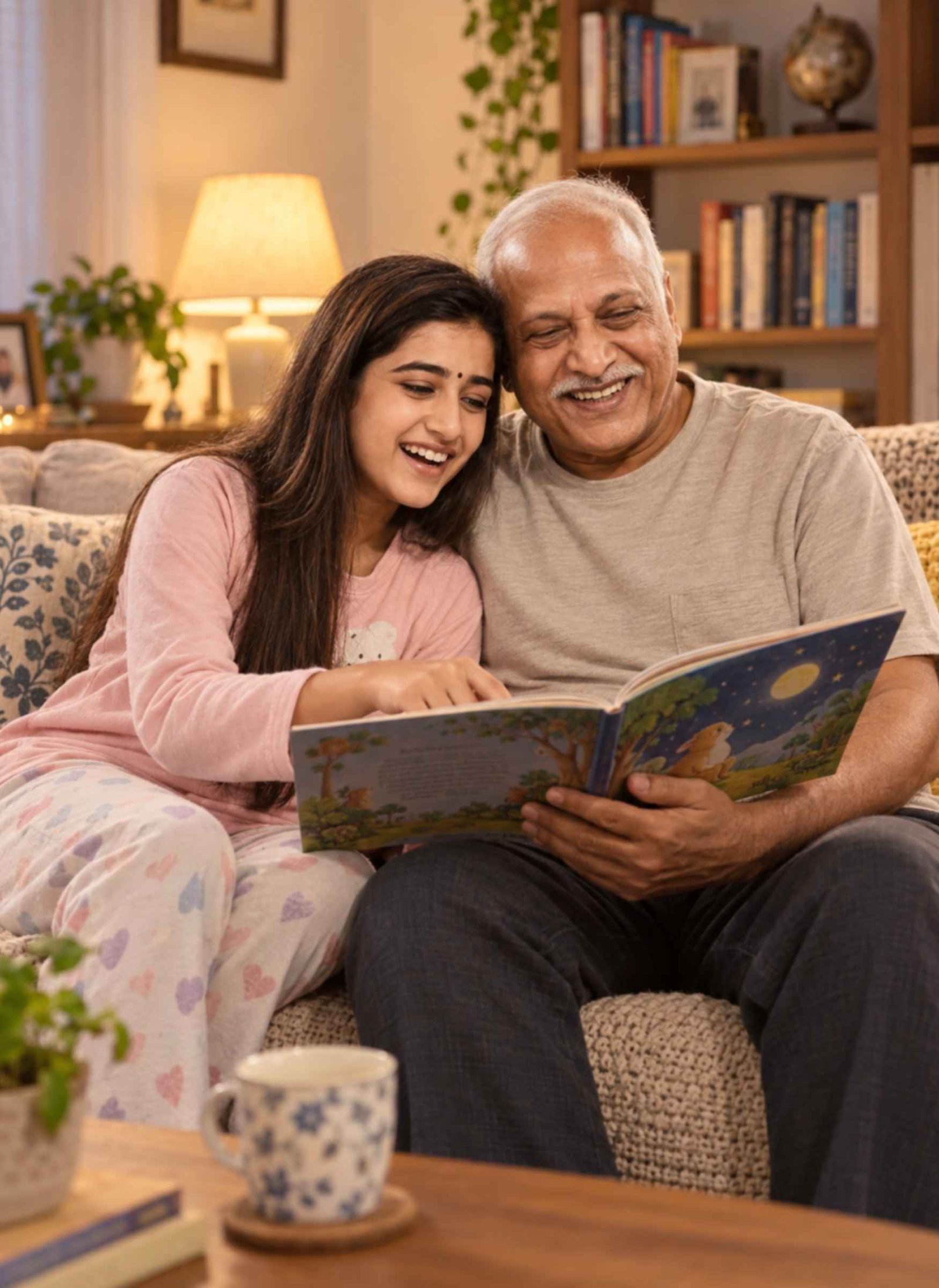 Father and Little Daughter Storytime at Home