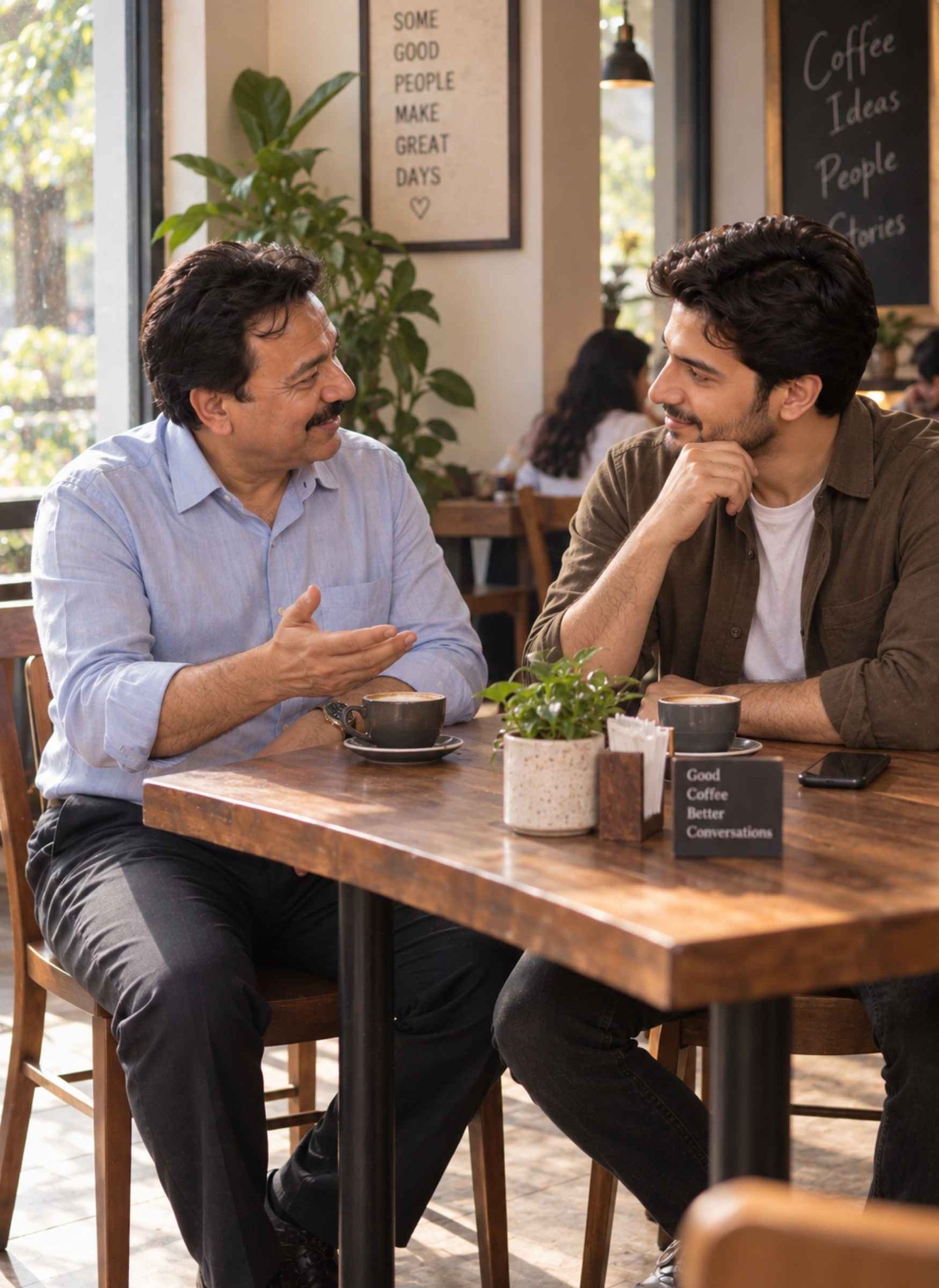Father and Son Coffee Conversation