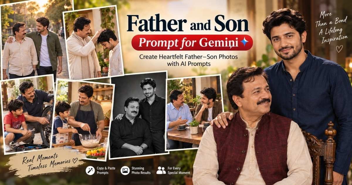 Father and son prompt for Gemini featured image showing traditional, candid, cooking, outdoor and studio father-son photo ideas.