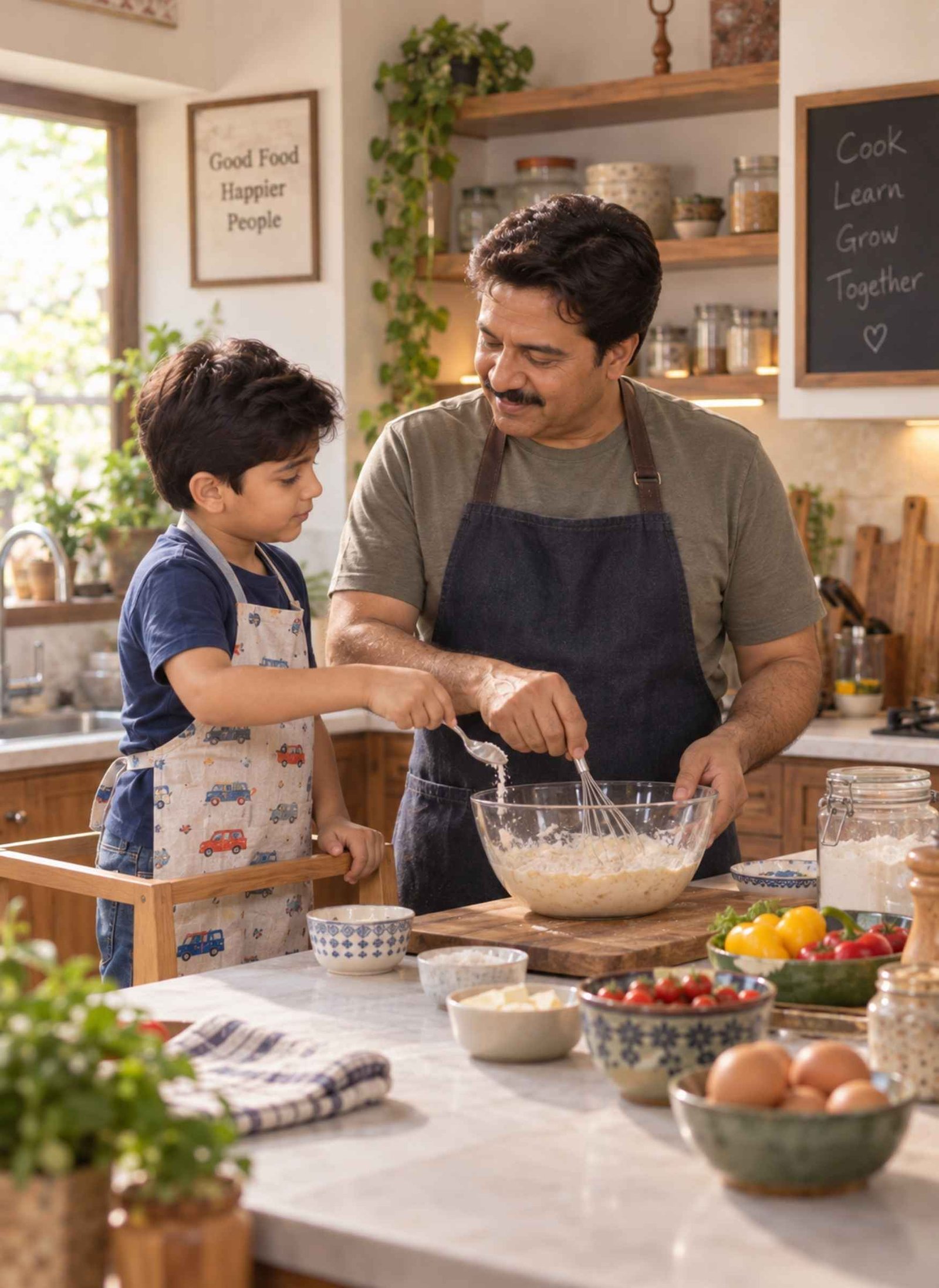 Father and Young Son Cooking Together