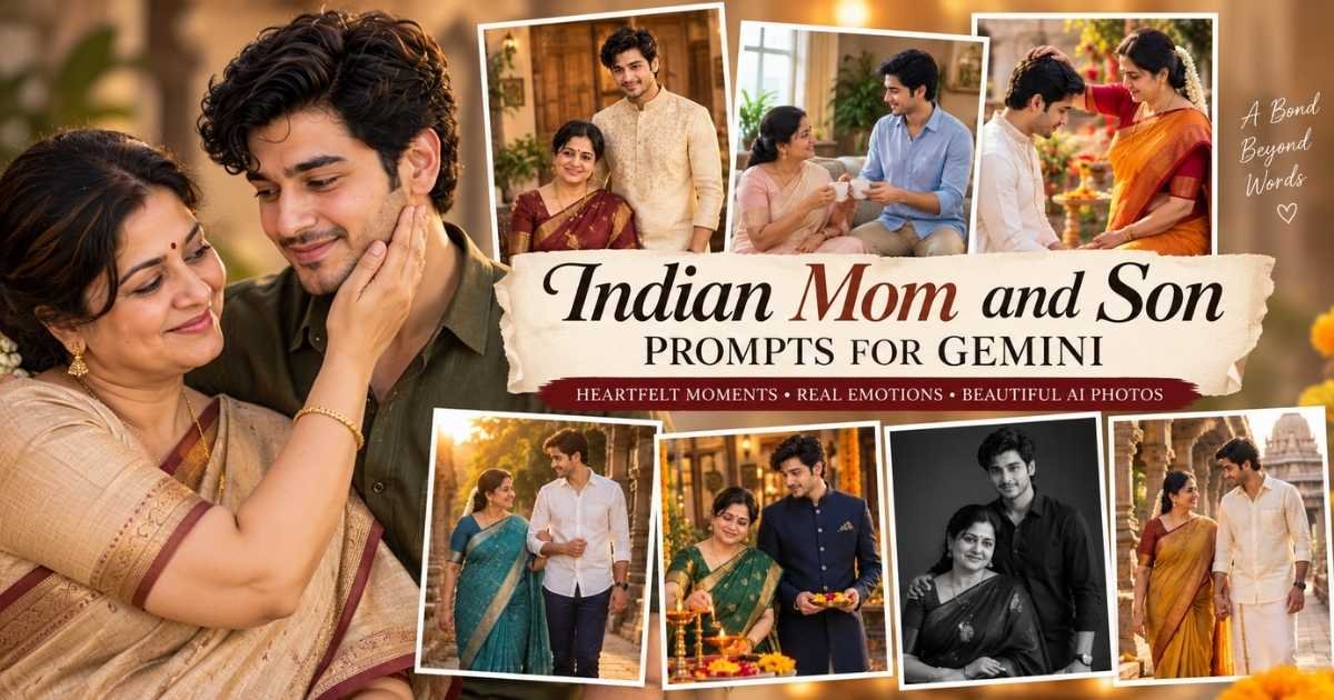 Indian mom and son prompt for Gemini featured image showing traditional, festive, emotional and candid mother-son AI portraits.