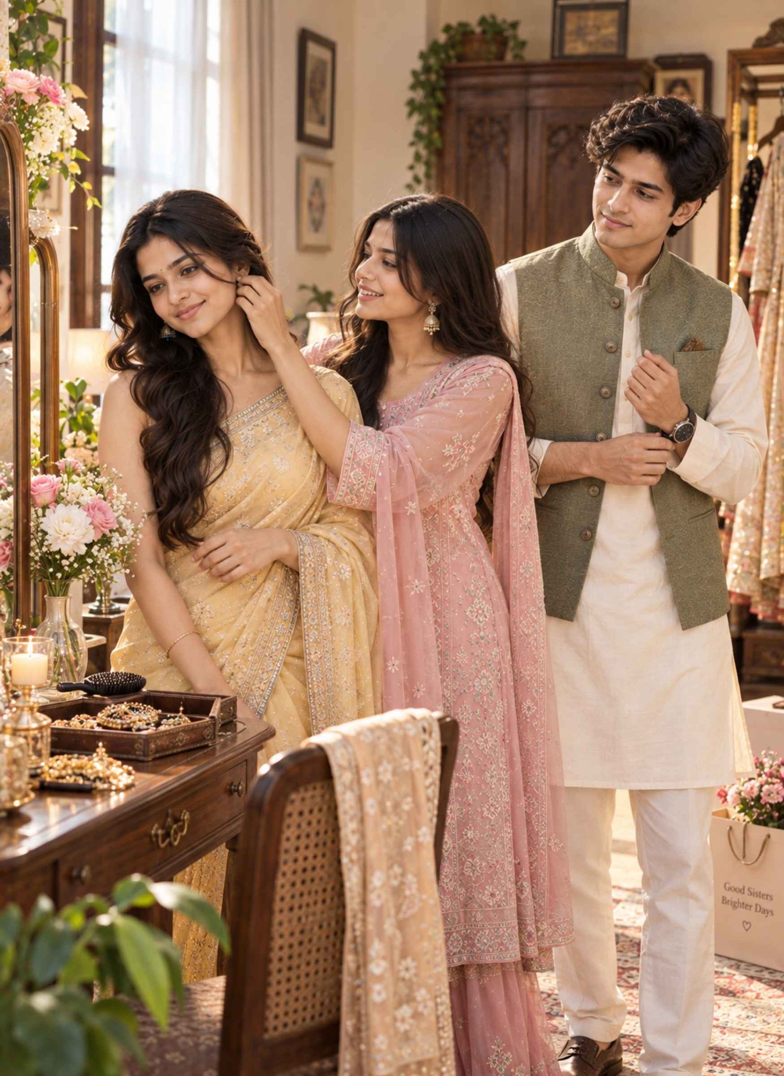 Two Sisters and Brother Getting Ready for a Family Event