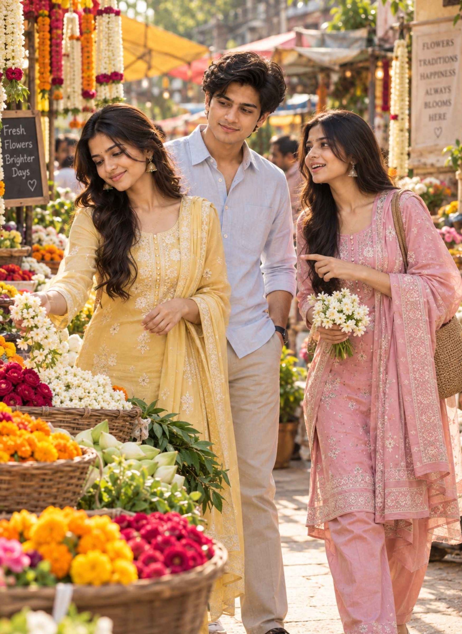 Two Sisters and One Brother at a Flower Market